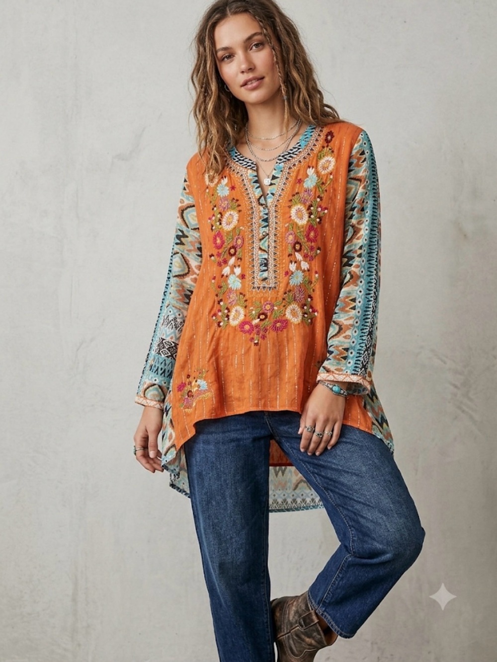 Boho Embroidered Orange V-Neck Tunic with Printed Sleeves